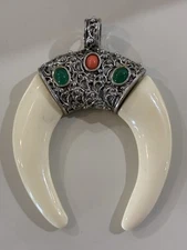 Kenneth Jay Lane KJL Tiger Claw Look Silvertone Statement Pendant W/ Faux Gems