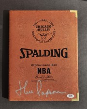 John Paxson signed Chicago Bulls 3-Peat World Champions Game Ball Notebook Psa