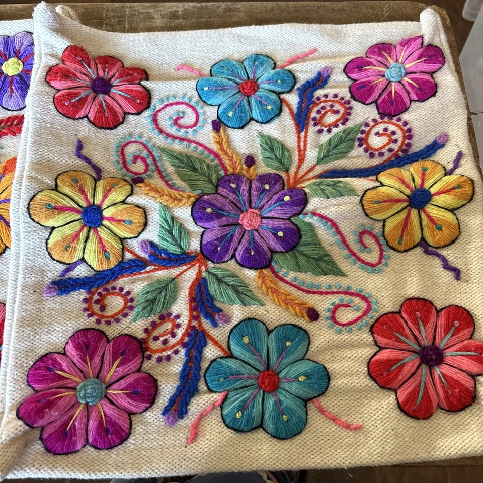 One Pair Decorative Peruvian Handmade Embroidered Flowers Pillow Covers vintage - Image 2 of 4