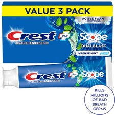 Toothpaste, Premium Plus Scope Dual Blast Toothpaste, Mint, 5.2 oz, 3 Pack 0.66 per gallon