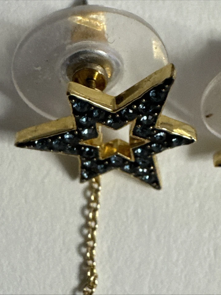 Pendientes Swarovski Gota Estrellas Colgantes Luna Azul Blanco Piedras Tono Dorado Foto 2 de 4