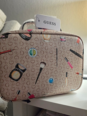 GUESS Makeup Bag Beige/Multicolor with Handle, Zipper, Pockets