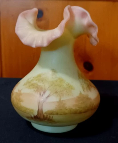 Vintage Fenton Uranium Burmese Custard Satin Ruffled Vase Signed Gloria Finn
