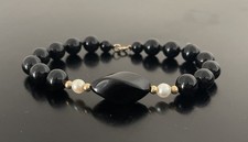 14K Solid Yellow Gold Black Onyx Bead Pearls Bracelet 7.5