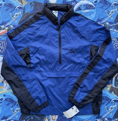 Vintage PUMA Blue & Black Colorblock Windbreaker Half-Zip Nylon Jacket Size M