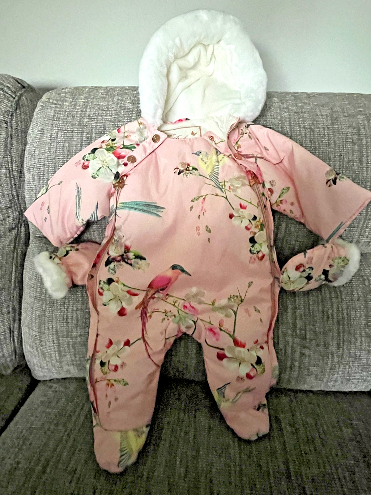 Ted Baker Baby Girls Pink Hooded Snowsuit All in One Floral Birds 0-3 Months