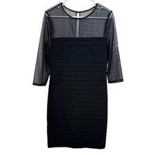 Adrianna Papell Black Sheath Dress Sheer Upper Flattering Pleated Body 10 *read*