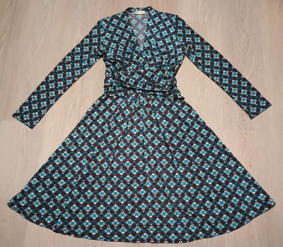 L.O.C.T. LOCT Stretchy Draped Wrap Waist Tie Art Nouveau Teal Brown Dress M