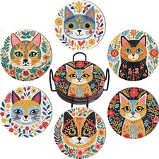 6 Pack Cat Diamond Painting Coasters with Holder  Cork Pads, Non-Slip DIY Gifts