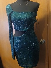 Windsor Hunter Green Sequin One Shoulder Cutout Mini Dress – Size L – NWT