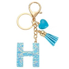 Initial Letter Keychains, Resin Cute Pendant with Heart Tassel, Blue-H