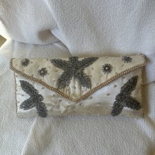 Vintage Beaded Satin Clutch Purse Ivory Pearl Sequin Evening Bag Hong Kong