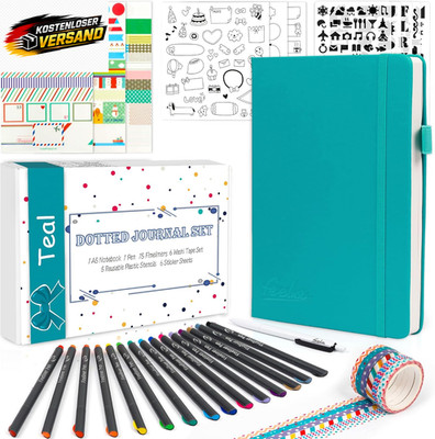 Notizbuch A5 gepunktet Set mit Finelinern Stickern und Washi Tape für Bullet-Jou