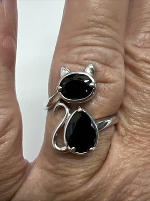 Sterling Silver Black Spinel Cat Ring Size 8 Signed BBJ