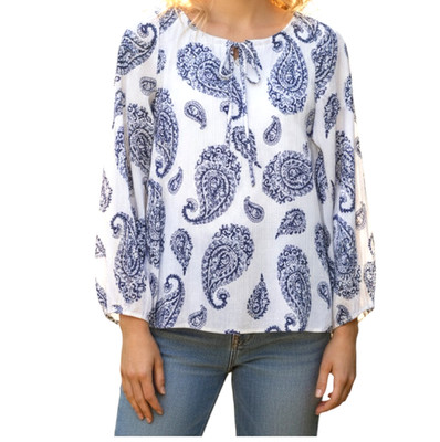 PECK & PECK Navy White Paisley Print Long Sleeve Blouse - Size Small