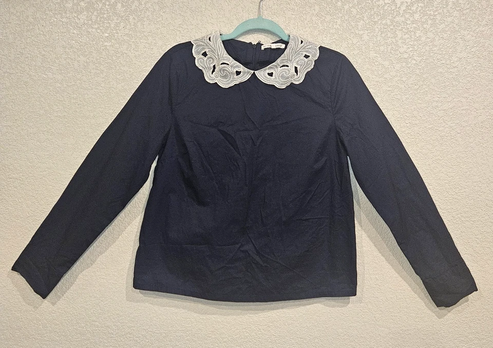 After Market Navy Blue Long Sleeve Cotton Blouse Top Cottagecore Size L Juniors