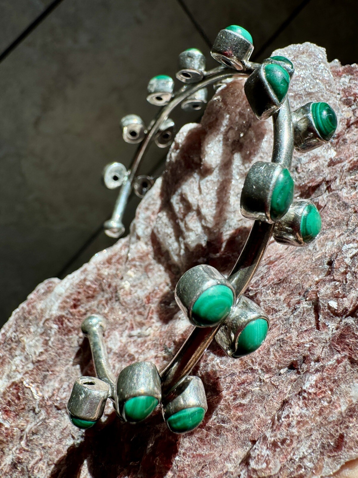 Navajo Solid Sterling Malachite Tree Branch Brace… - image 1