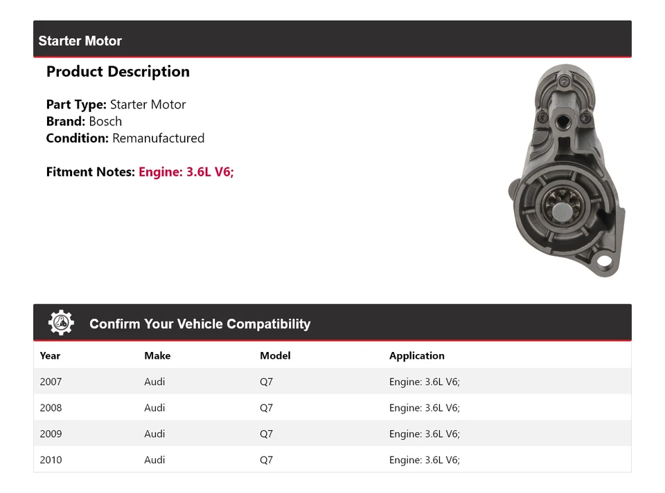 Arranque Bosch para Audi Q7 2007-2010 3,6 L V6 (remanufacturado) 2008 2009 Foto 2 de 4