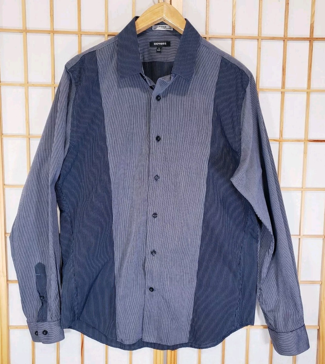 Express Fitted Dress Shirt Long Sleeve Modern Blue Gray Striped Men's Size  Large