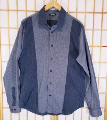 Express Fitted Dress Shirt Long Sleeve Modern Blue Gray Striped Men's Size  Large | eBay