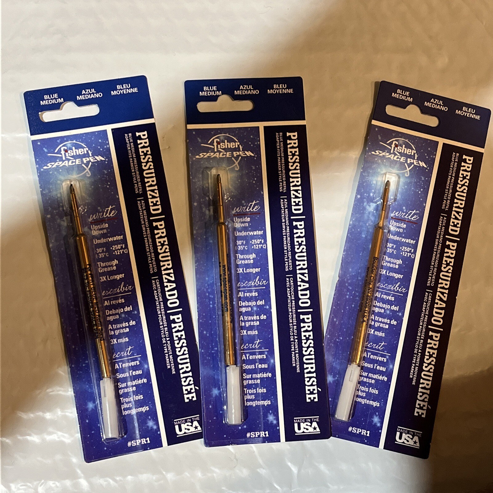 3 Fisher Bullet Space Pen Pressurized Ink Refills BLUE MEDIUM SPR1