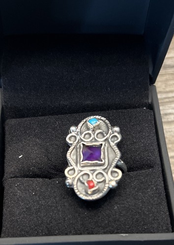 vintage 925 Sterling Texaco designer ring amethyst turquoise Red coral - Picture 5 of 6