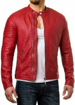 Herren stilvolle schmale Passform rot gesteppte Bikerjacke 100 % echtes Leder...
