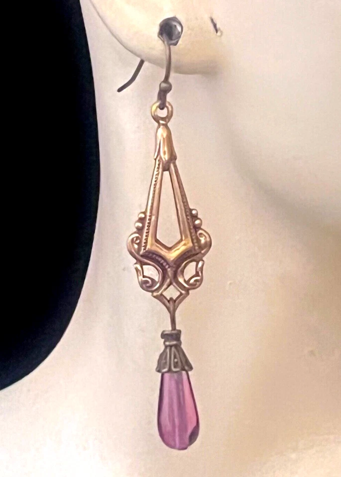 Art Nouveau Earrings Brass Filigrees W/ Antique Amethyst  Czech Glass Drops - Image 2 of 4