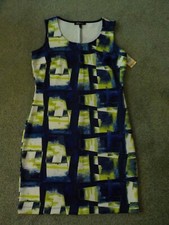 Misses Sheath Knit Dress, Sleeveless, Knee Length, Blue Geometric, Small, New