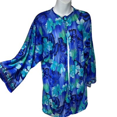 Tara Grimm Blue Gold Tropical Floral Tunic Top Coverup Kimono Small