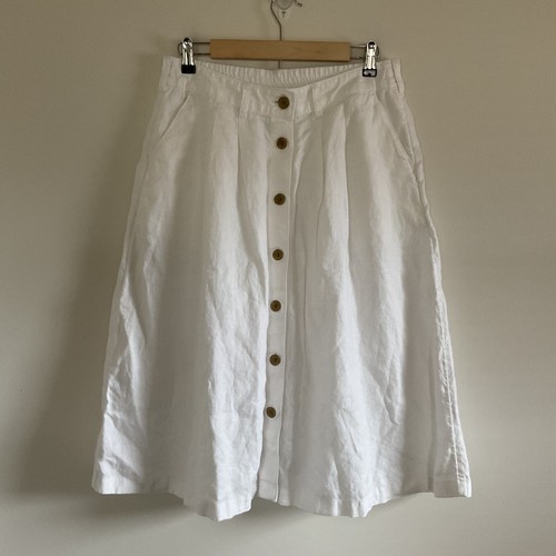 Lands End White Button Front 100% Linen Midi A-Line Skirt Sz 10 Preppy Coastal