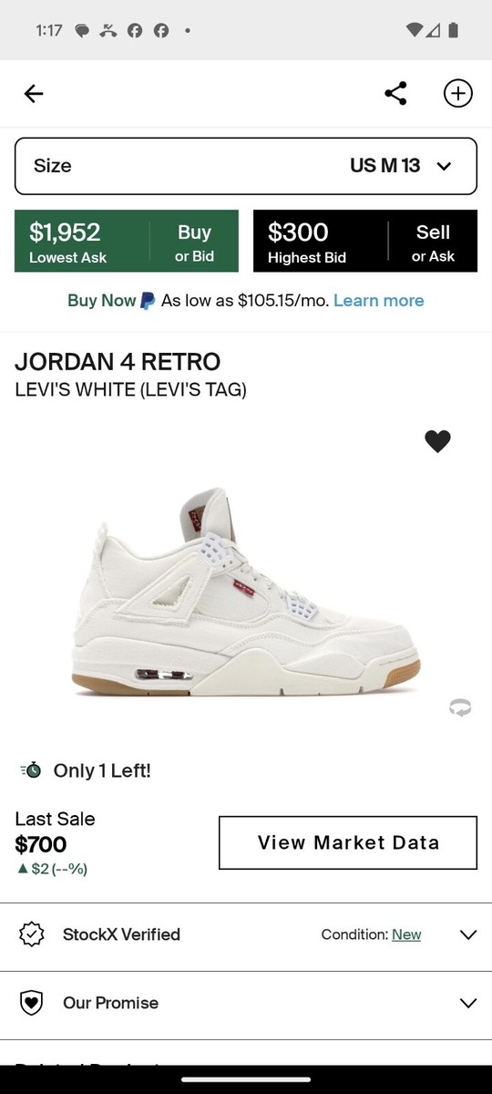 Size 10 - Levi's x Air Jordan 4 Retro White Denim Size 10 - Levi's x Air Jordan 4 Retro White Denim