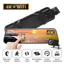 9.6" Car Mirror Dash Cam with Front  Rear Cameras, WiFi, Parking Monitor, Black