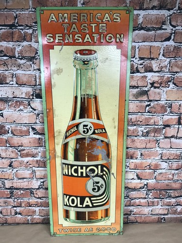 Vintage Nichol Kola 36" Embossed Tin 5 Cent Bottle Sign Taste Sensation