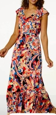 Iman  Global Chic V-Neck Knit Vibrant Multi-Color Floral Maxi Dress Size Large