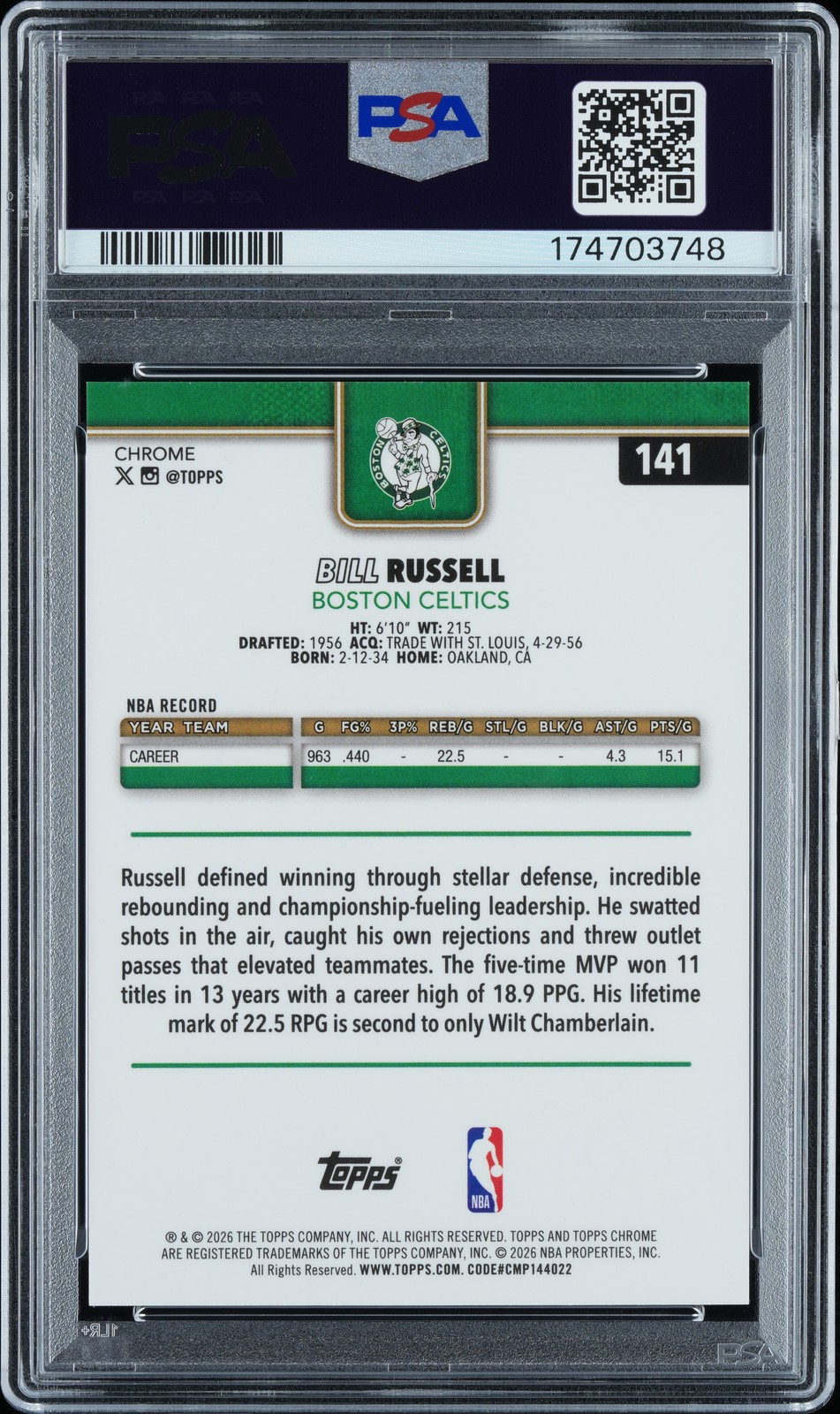 2025 TOPPS CHROME UPDATE GOLD REFRACTOR #141 BILL RUSSELL 8/50 PSA 9 view 2