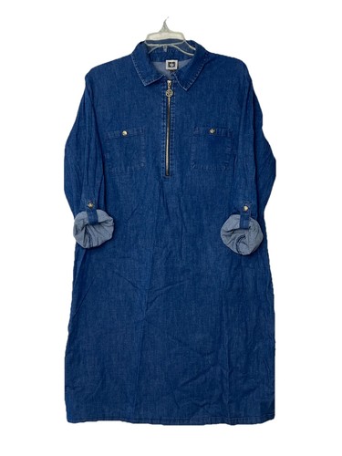 Anne Klein Chambray Etuikleid Gr. 16 Rollriegelärmel goldfarbene Beschläge