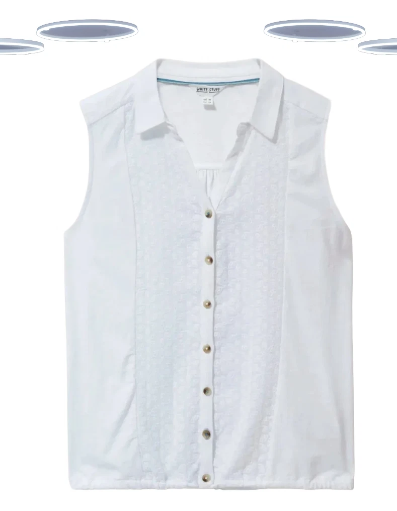 Ex White Stuff White Embroidered Jersey Shirt Cotton Sleeveless (Slight Defect)