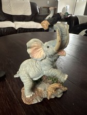 Wild Elephant Figurine Trunk Raised Holding Log - Resin - 8" see photos 