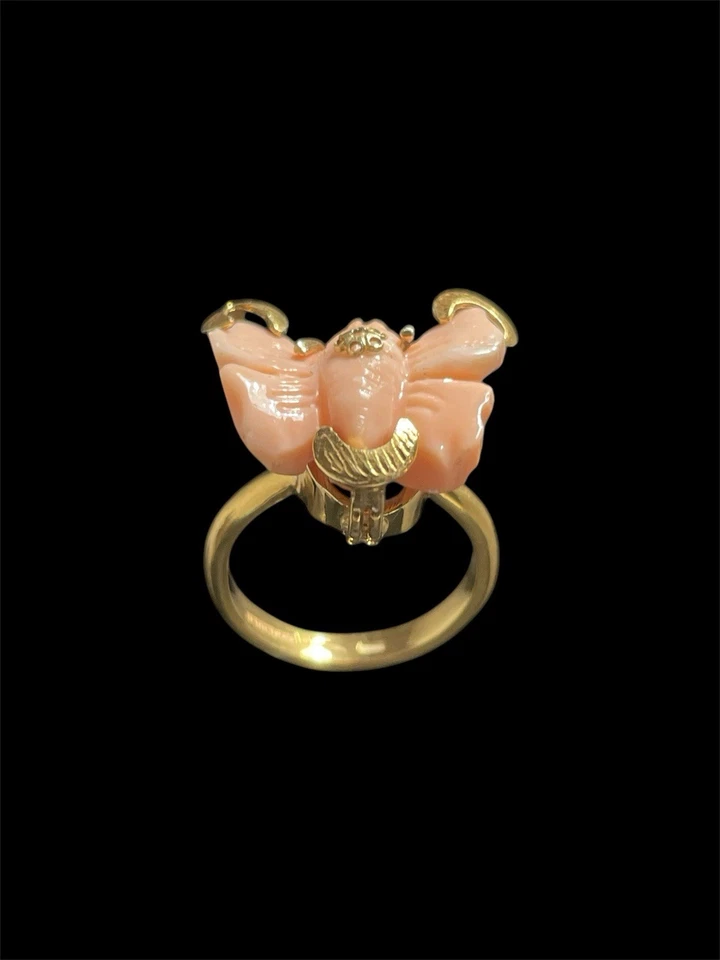 Anello Artigianale in Argento 925 Placcato Oro con farfalla in Corallo Rosa - Immagine 3 di 4