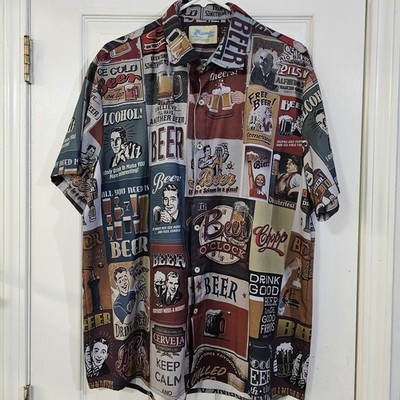 Hawaiian Men's Beer Short Sleeves Button Down Shirt Size L Multicolor