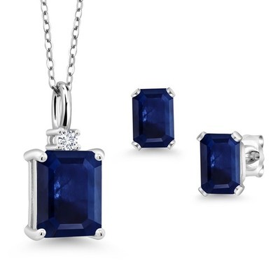3.72ct Octagon Blue Sapphire 925 Sterling Silver Pendant with Chain Earrings Set