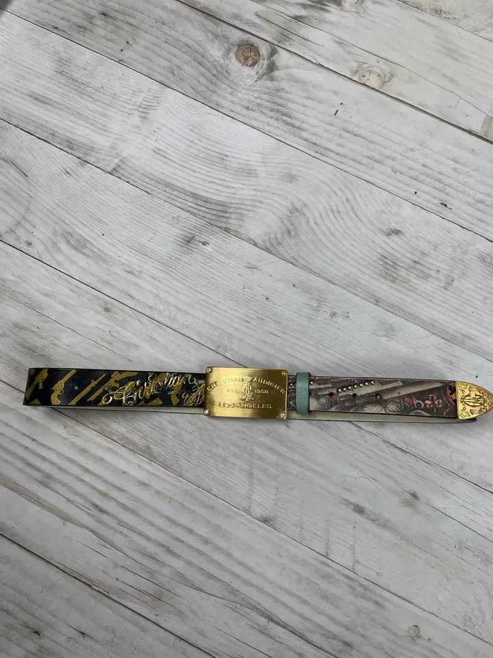 Cinturón de cuero vintage Christian Audigier con hebilla metálica Y2K para hombre negro Foto 3 de 4