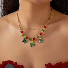 Christmas Tree Necklace Women’s Double Layer Chain Holiday Pendant Xmas Gift