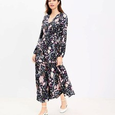 NWT Loft Petite Large Floral Shirred Flounce Long Sleeve Midi Dress
