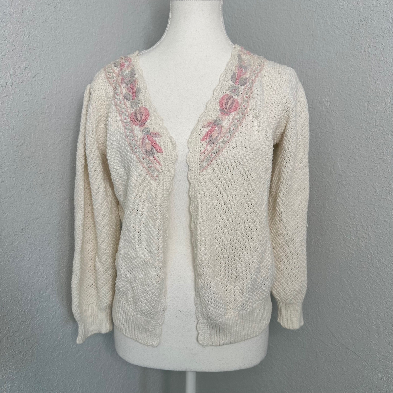 Vintage 1980s Margules Cardigan Grandmacore Sweater Cream Pink Floral Knit Large