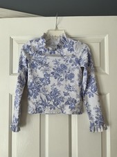 Janie And Jack Girls Rash Gaurd Swim Shirt Blue And White Floral Ruffle Size 8