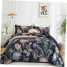 Quilt Queen Size 3 Pieces Boho Floral Bedspread Bedding for Queen96"x90" Navy