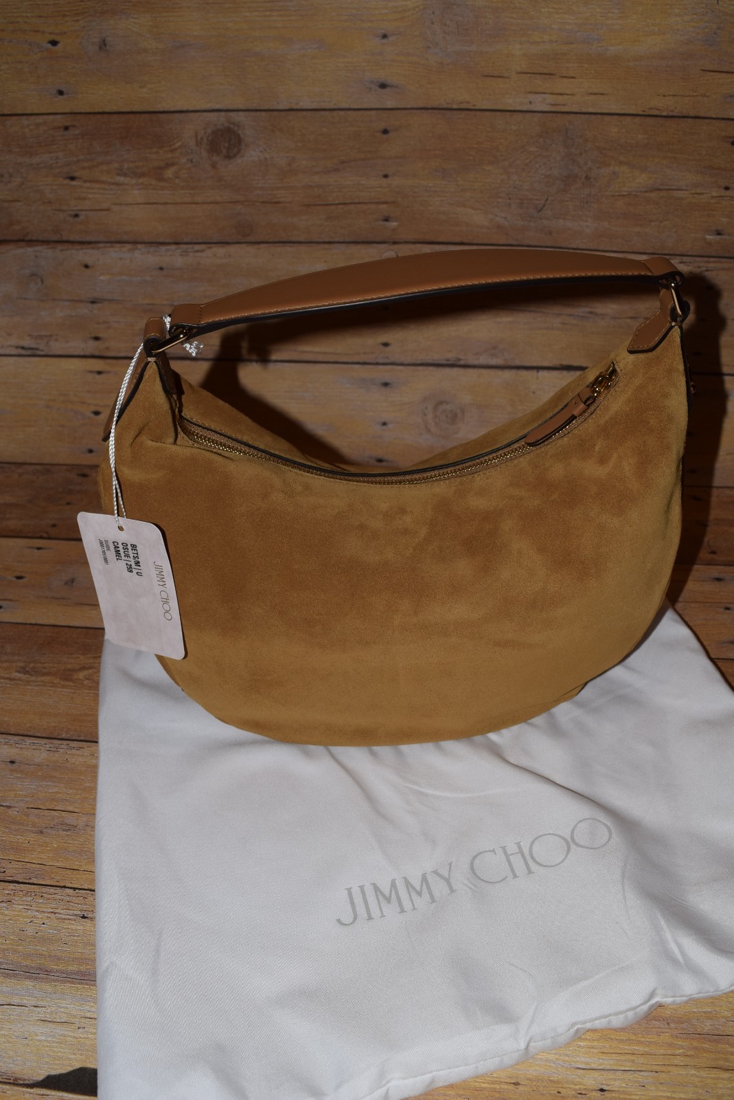 NWT Authentic JIMMY CHOO Suede Large Crossbody Hobo Bag Logo Camel Gold