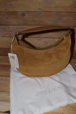 NWT Authentic JIMMY CHOO Suede Large Crossbody Hobo Bag Logo Camel Gold